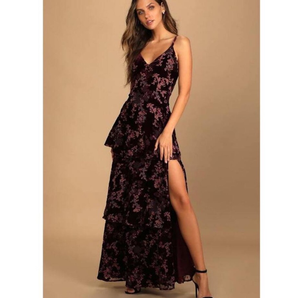I love you amore plum velvet floral tiered maxi dress